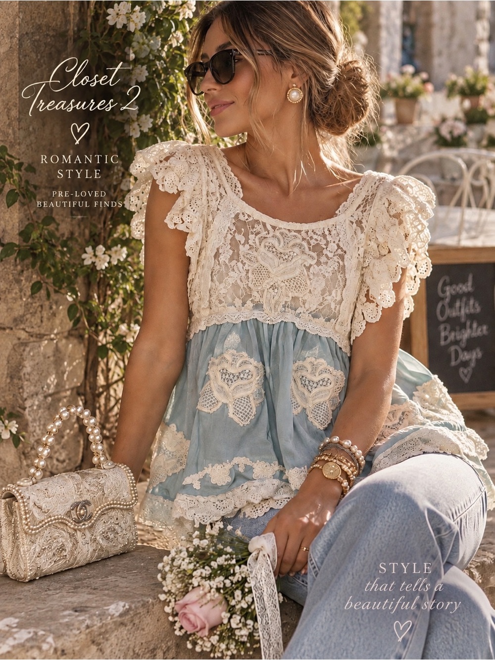 Anthropologie Blue and Cream Lace Peplum Blouse stunning